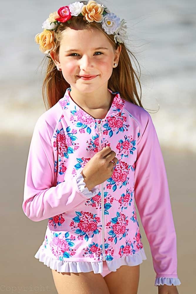 Girls Swim Jacket Front Zip and Frill Detail LS