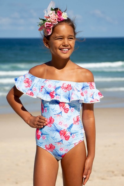 Girls One-Piece Swimsuit with Pom Poms on Ruffle Trim